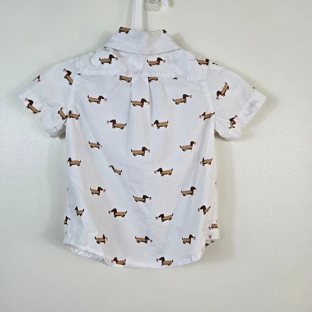 Janie &‎ Jack Baby Boy White Hot Dog Flag Poplin Preppy Button Shirt 12-18Mo USA